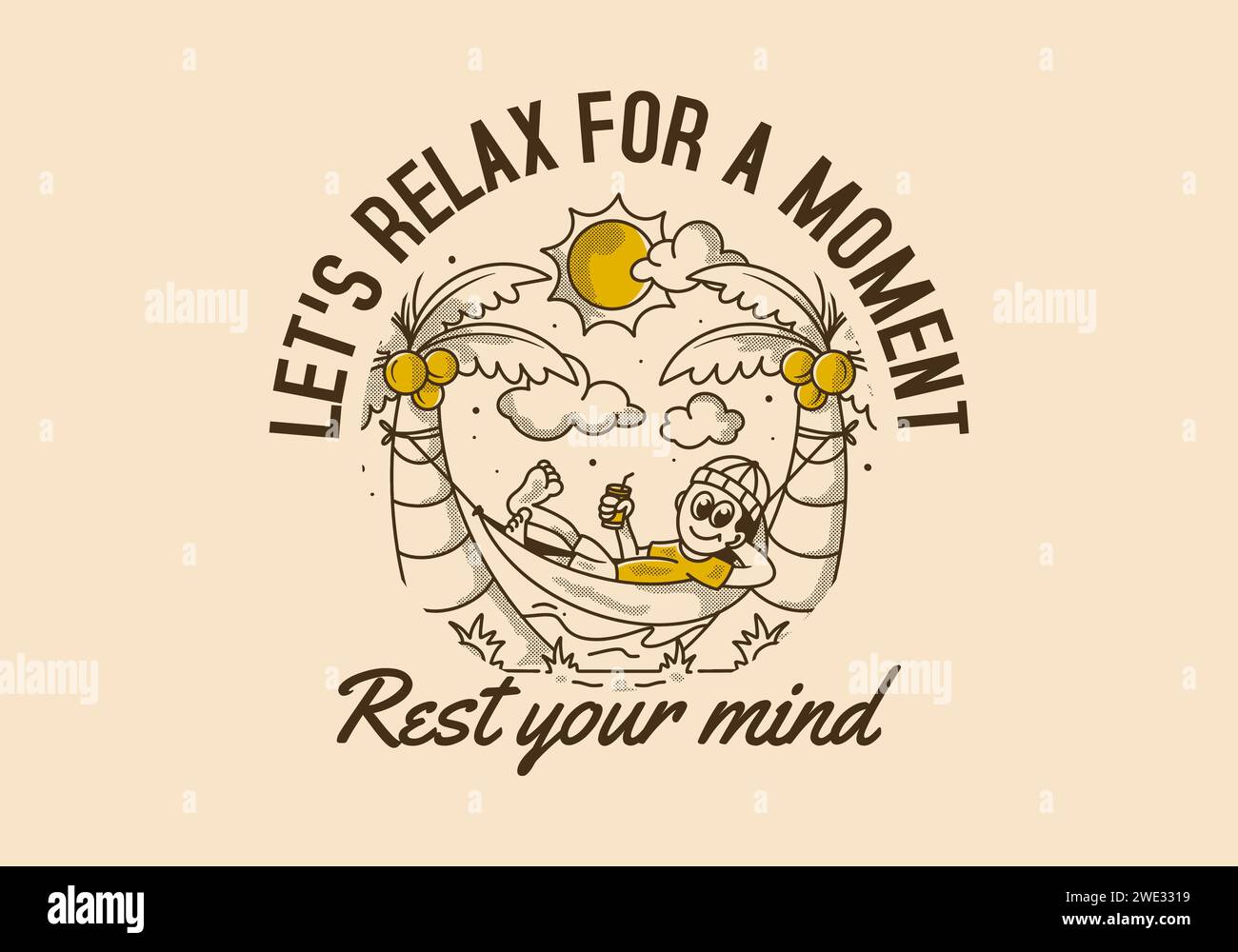 Rest your mind, let's relax for a moment. Retro illustration of a guy hanging on the hammock Stock Vector
