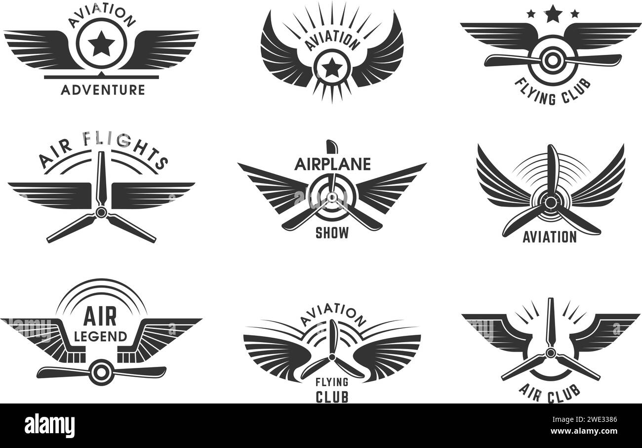 Avia badges. Pilot logotypes with stylized wings and place for personal text recent vector template Stock Vector