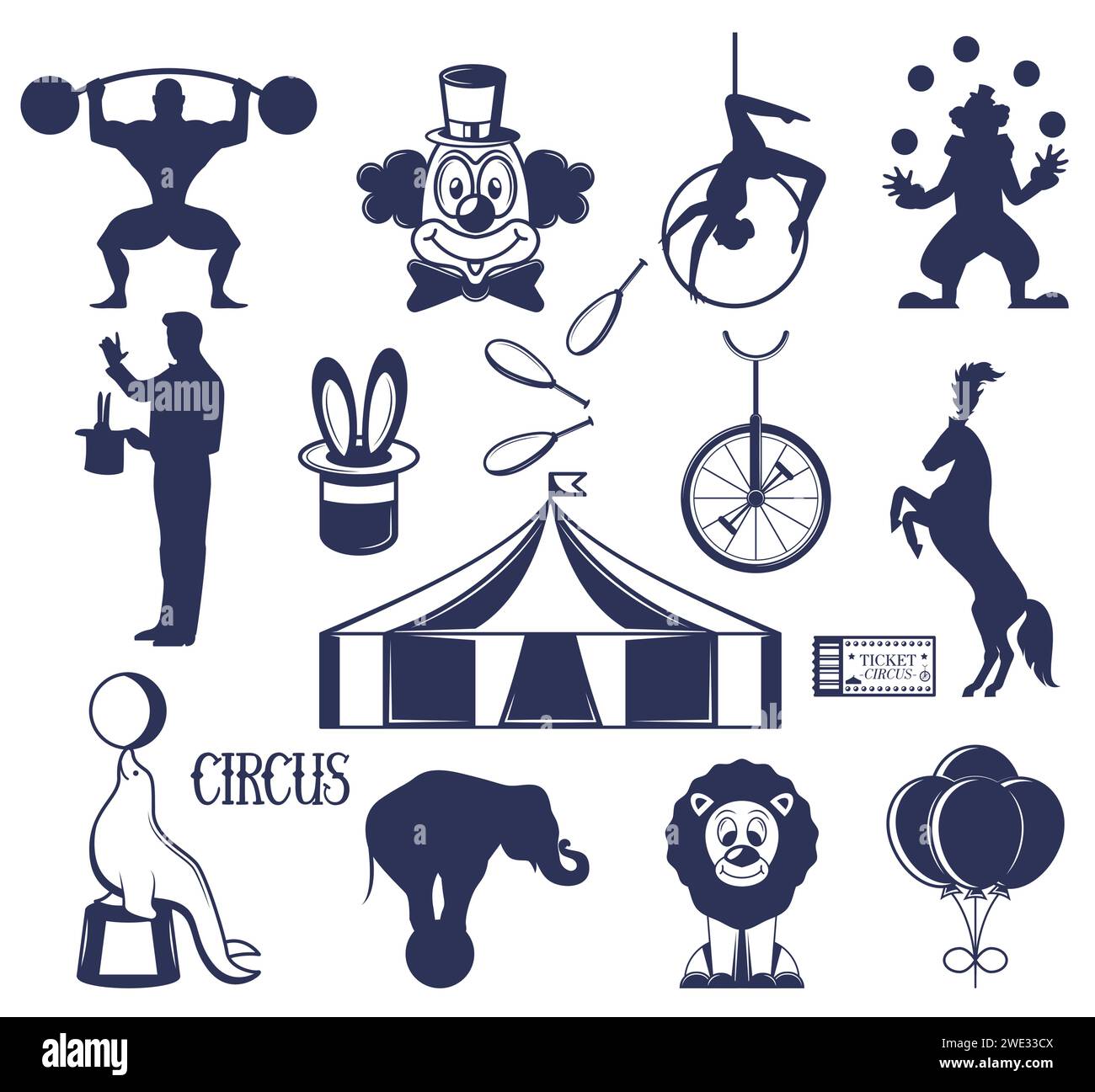 Circus design element black-and-white silhouette isolated set Stock Vector