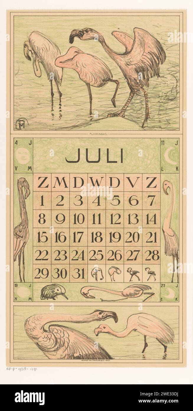 Calendar July with Flamingo's, Theo van Hoytema, 1916 print In the ...