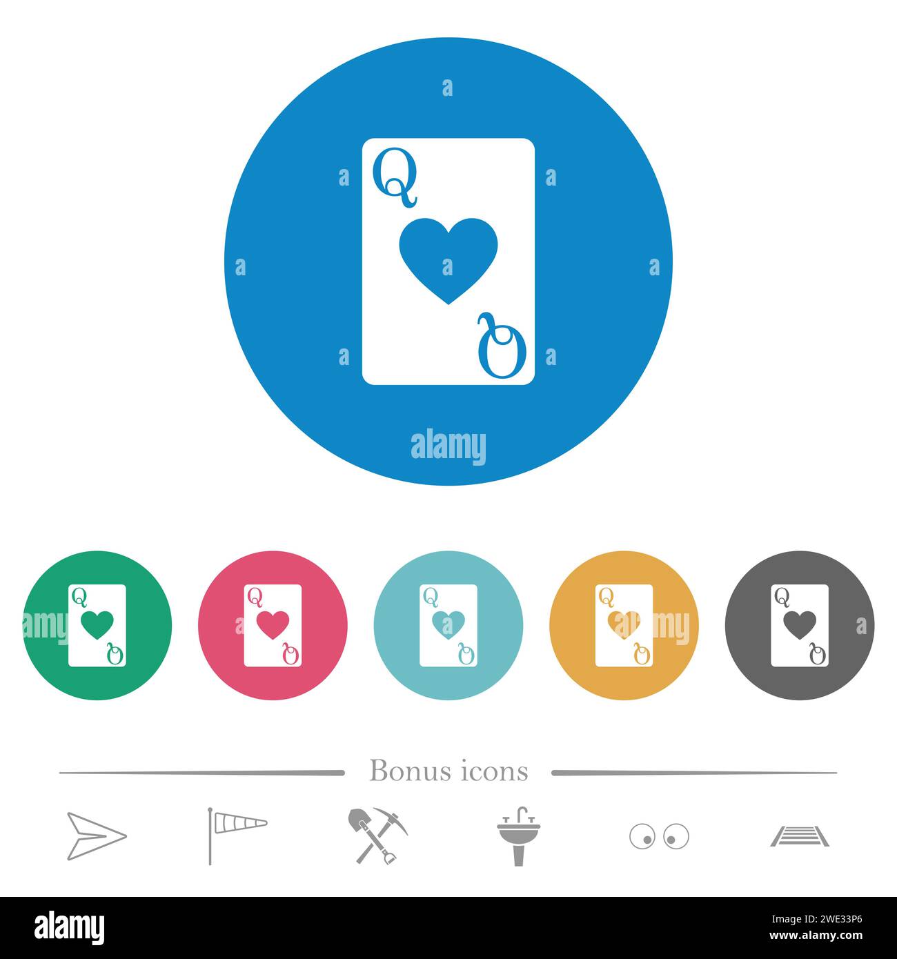 Queen of hearts card flat white icons on round color backgrounds. 6 ...
