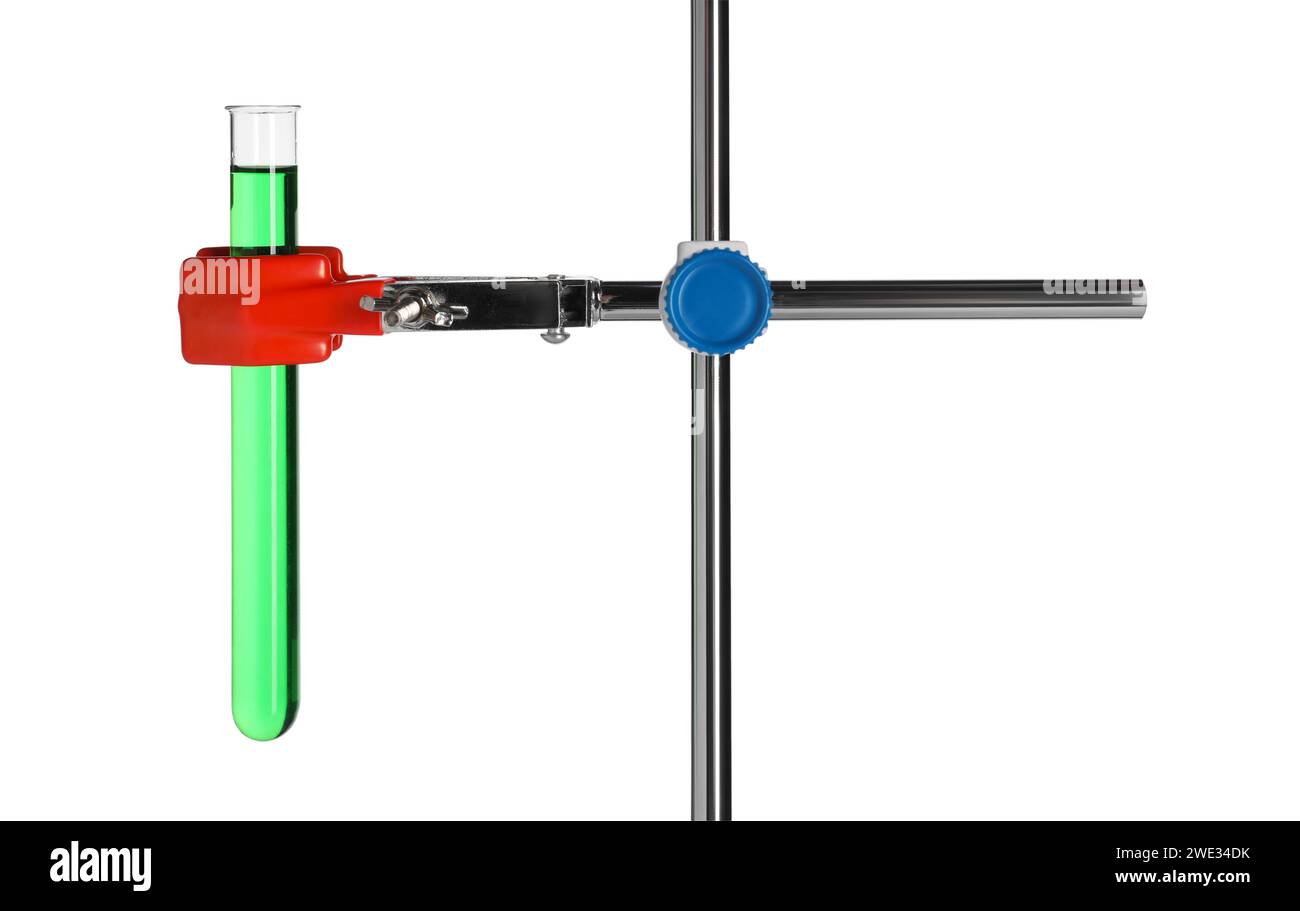 Retort stand with test tube of green liquid isolated on white Stock