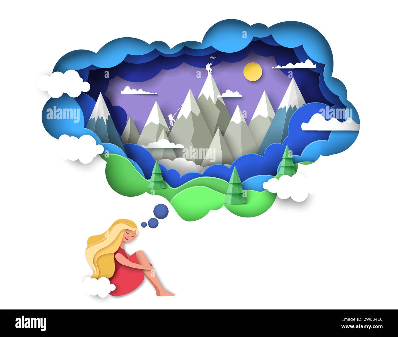 Young woman dreaming about mountain travel paper cut design Stock Vector