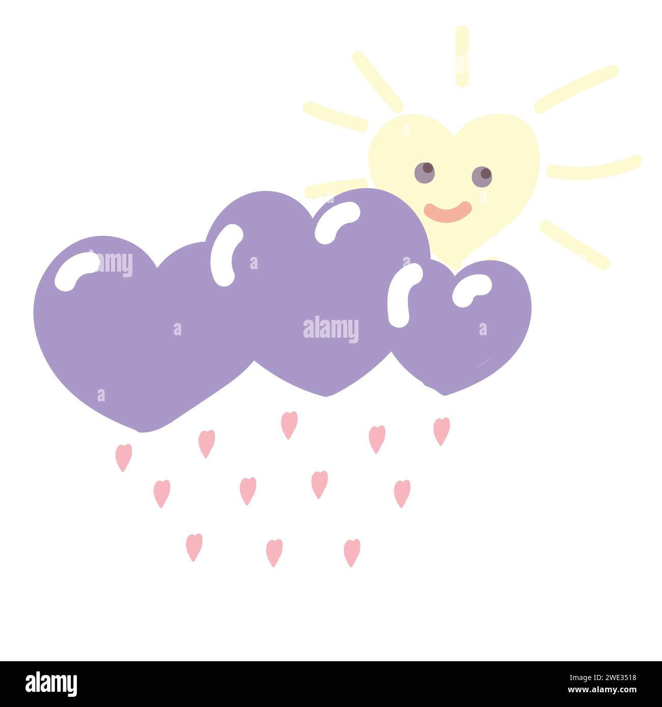 Rain of hearts and a heart shaped sun. Cute picture in bed colors, can be used for Valentines Day design Stock Vector