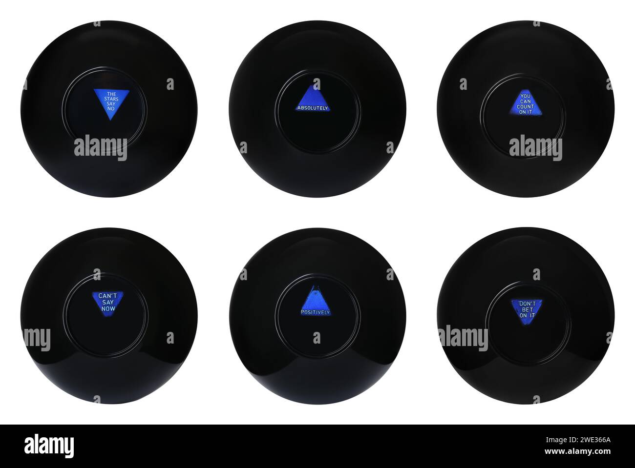 Magic eight ball with different predictions isolated on white ...