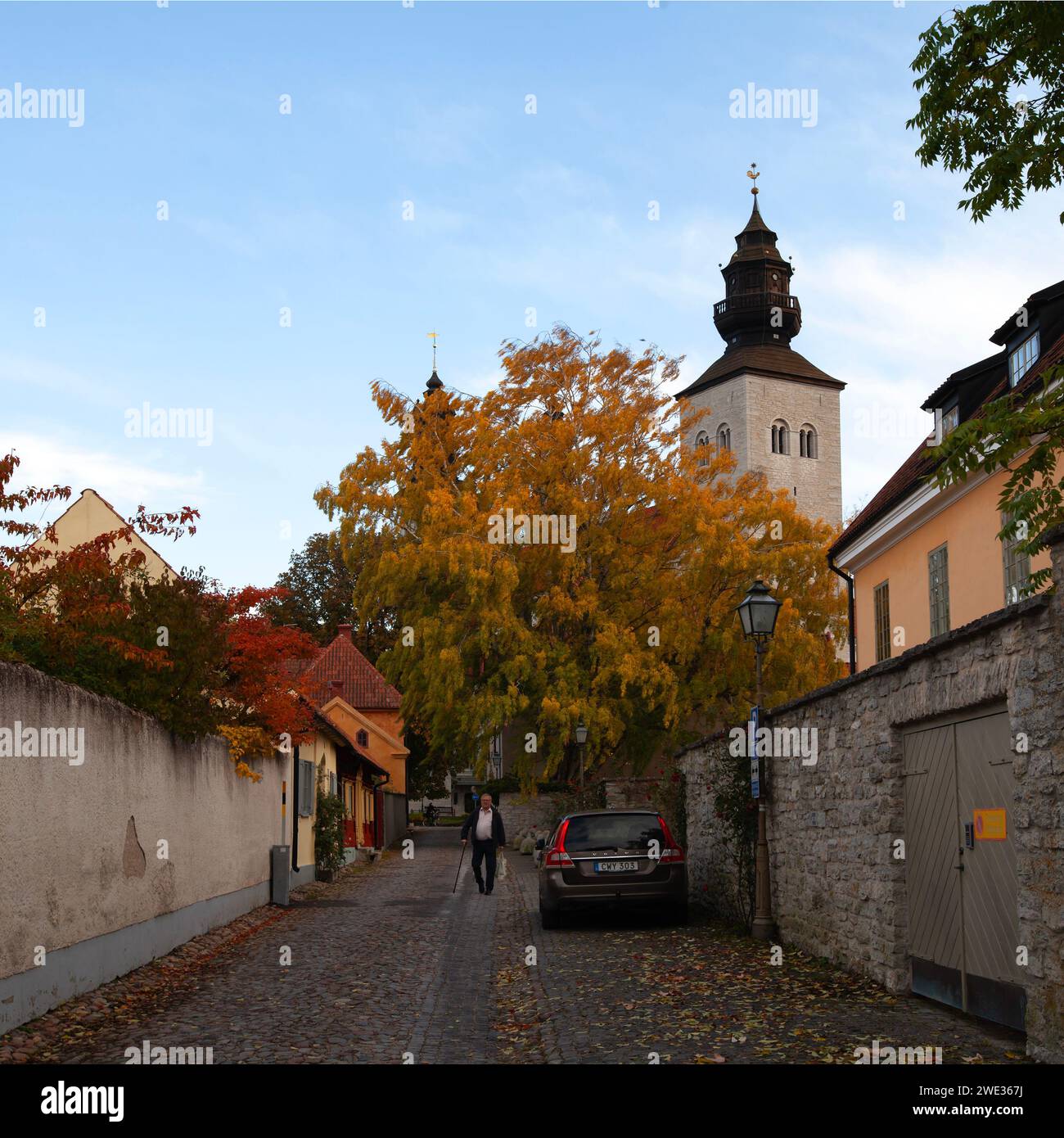 VISBY, SWEDEN ON OCTOBER 10, 2019. Street view, old buildings. House, and stores in the City. Unidentified folk. Editorial use. Stock Photo