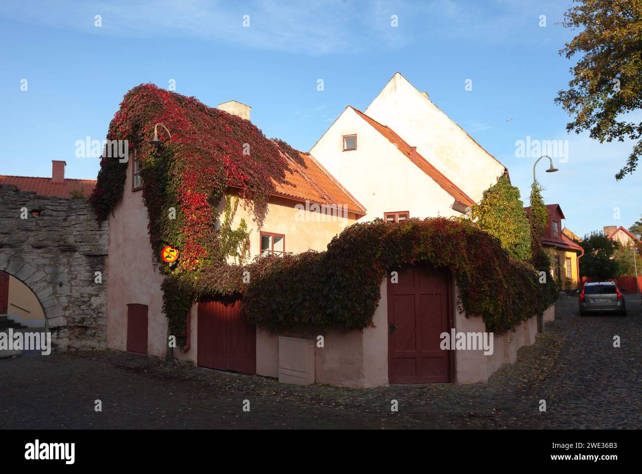 VISBY, SWEDEN ON OCTOBER 11, 2019. Street view of old buildings. House, homes, and stores in the City. Editorial use. Stock Photo