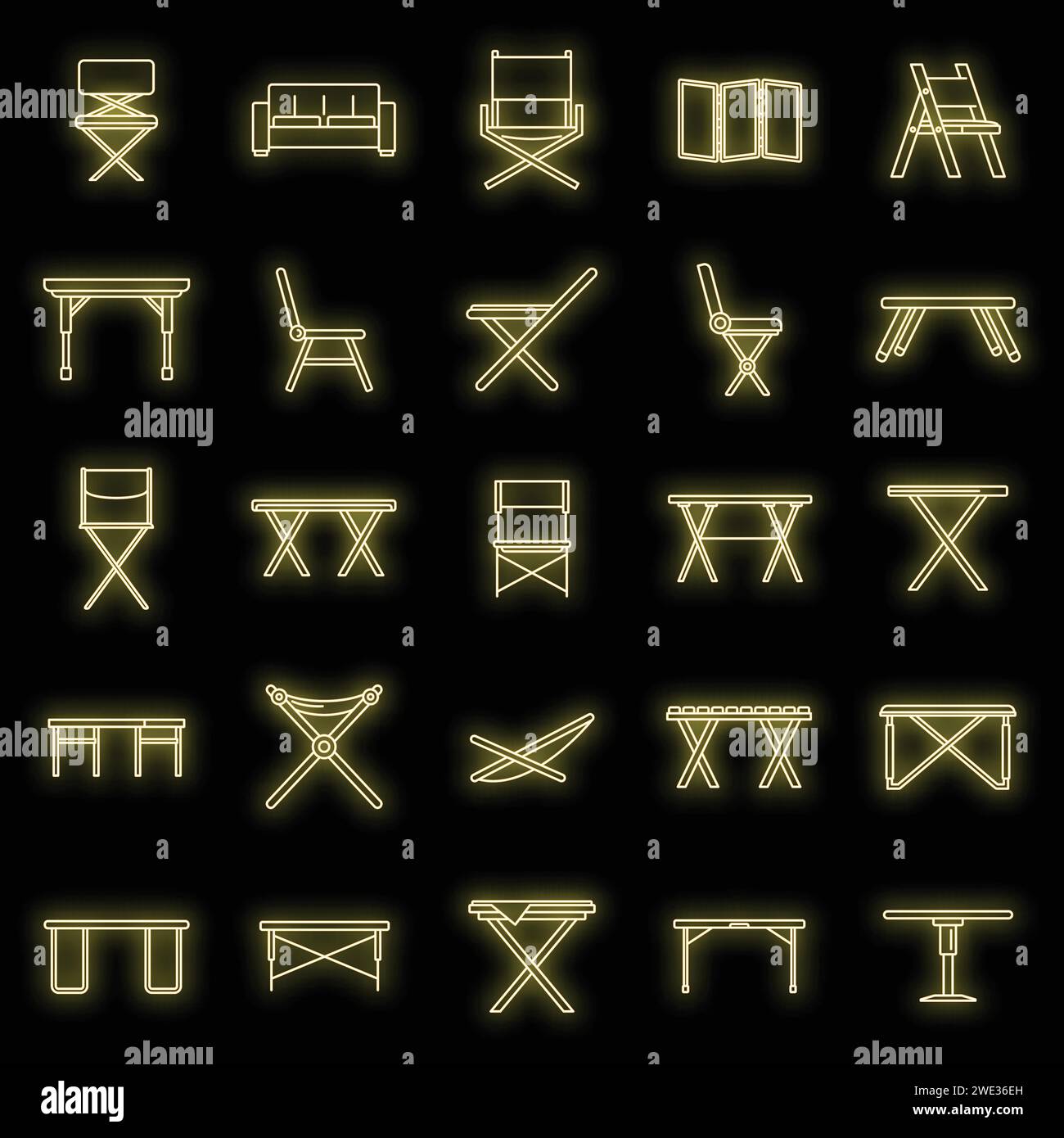 Picnic folding furniture icons set. Outline set of picnic folding furniture vector icons neon color on black Stock Vector