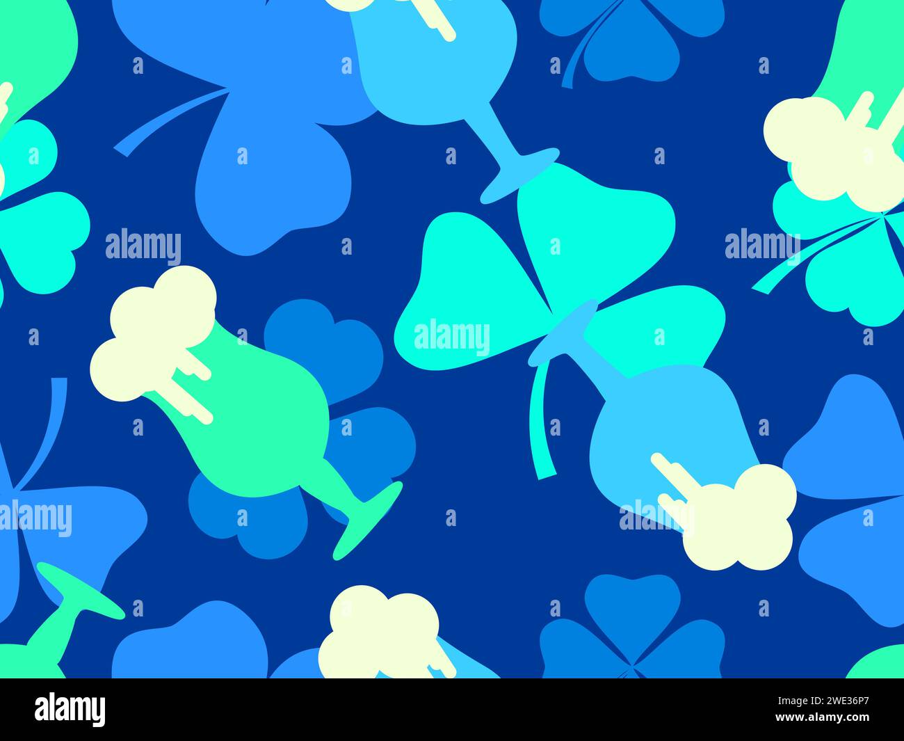 Seamless pattern with clover leaves and glasses of beer for St. Patrick's Day. Glasses of beer on a stem with foam. Festive design for wallpaper, bann Stock Vector