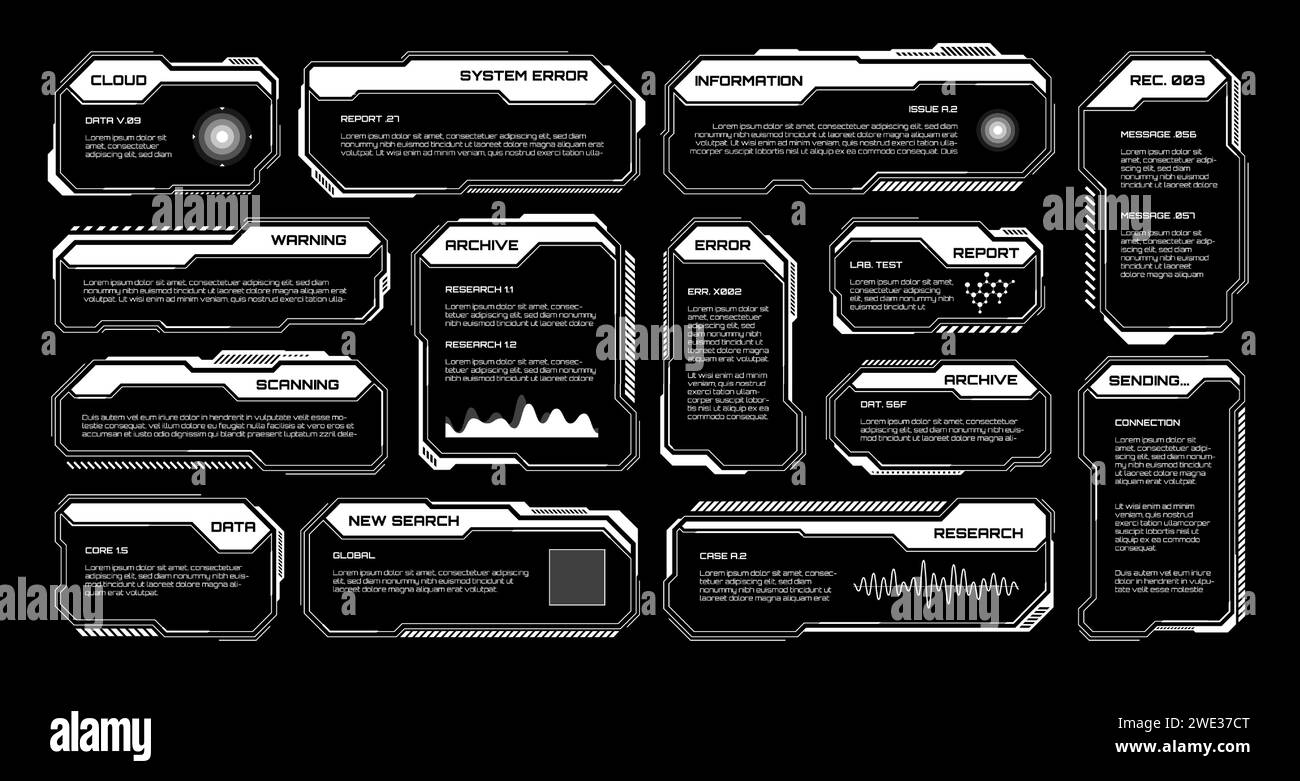 White futuristic HUD, UI elements. Sci-fi user interface text boxes ...