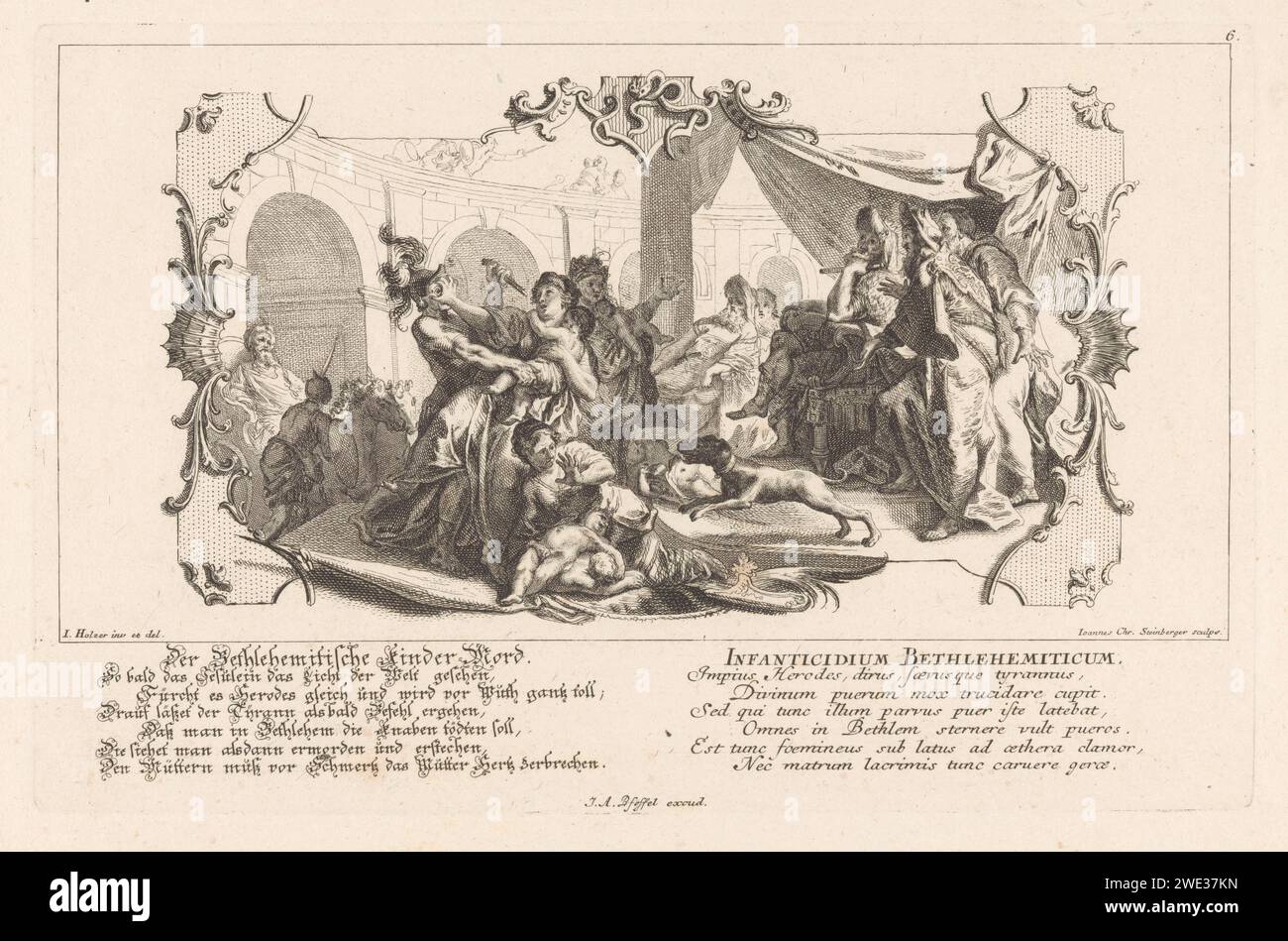 Children's Moord Te Bethlehem, Johann Christoph Steinberger, after Johann Evangelist Holzer, 1719 - 1727 print The child murder in Bethlehem. Under the watchful eye of King Herod, seated on his throne, newborn children are killed by soldiers. In vain, mothers try to protect their sons. A rocaille frame around the show. Twice a seven -line German and Latin text in the lower margin. Augsburg paper etching the massacre ot the innocents; sometimes Herod looking on Stock Photo