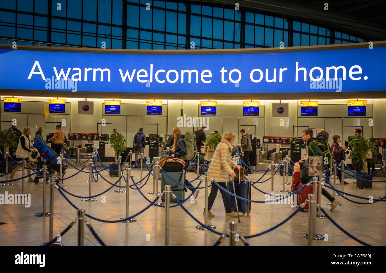 Business class passengers arrive for check-in wth British Airways at London Heathrow airport Terminal 5, UK. Stock Photo