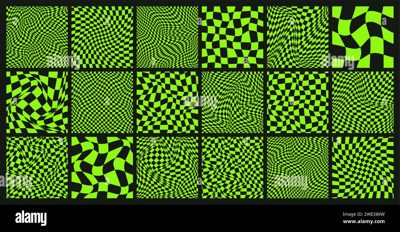 Trendy checkered pattern, black and green distorted tiled grid. Wavy ...