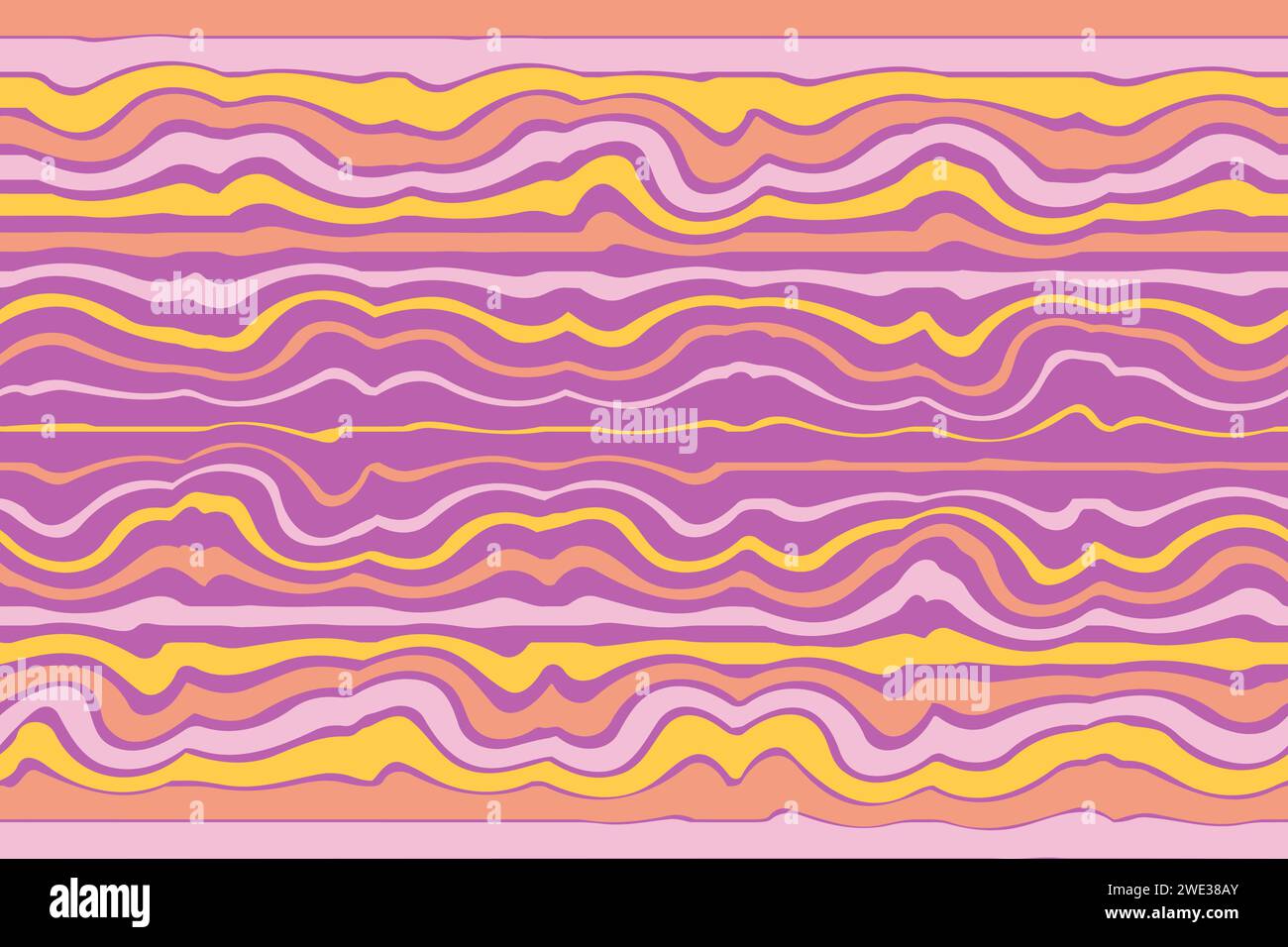 Groovy wavy bright vintage seamless background. Striped psychedelic dynamic pattern in the style of the 70s. Apricot, pink, yellow, rich purple color. Stock Vector