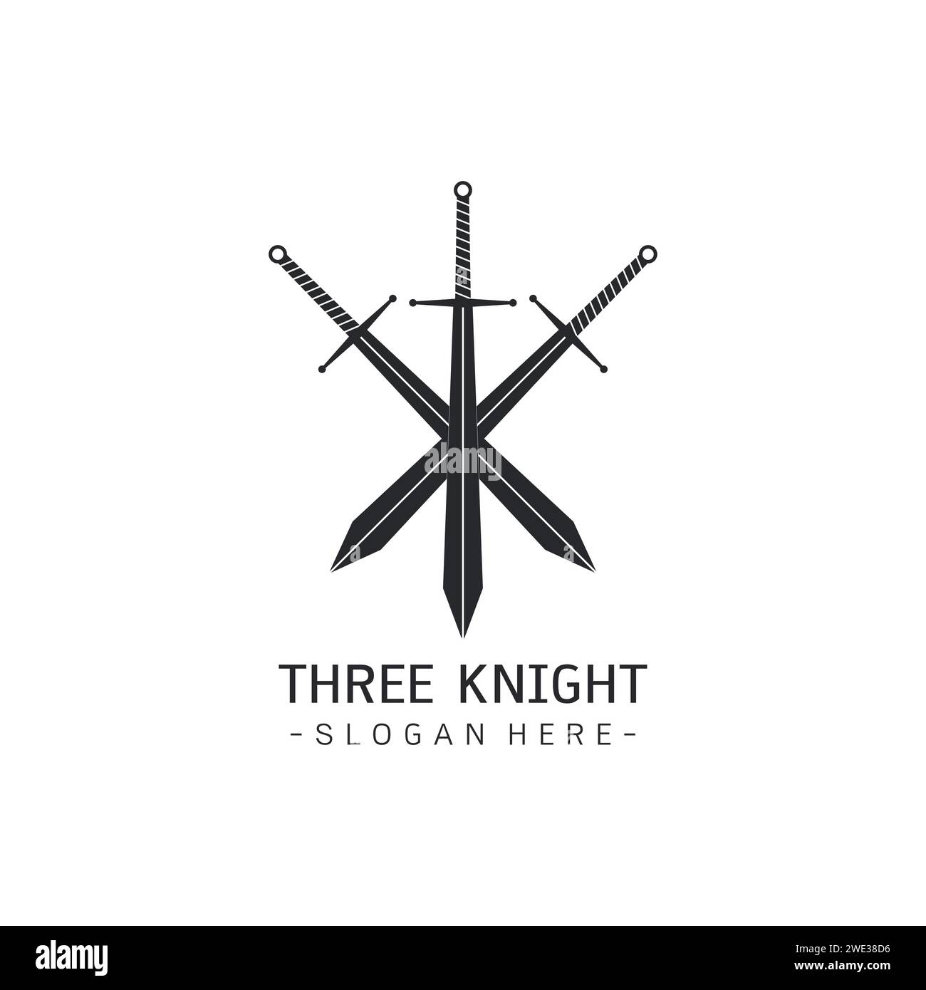 Stylized image of Three swords logo template, Crossed Swords Silhouette tattoo, Three Musketeers concept Medieval Weapons on white background Vector i Stock Vector