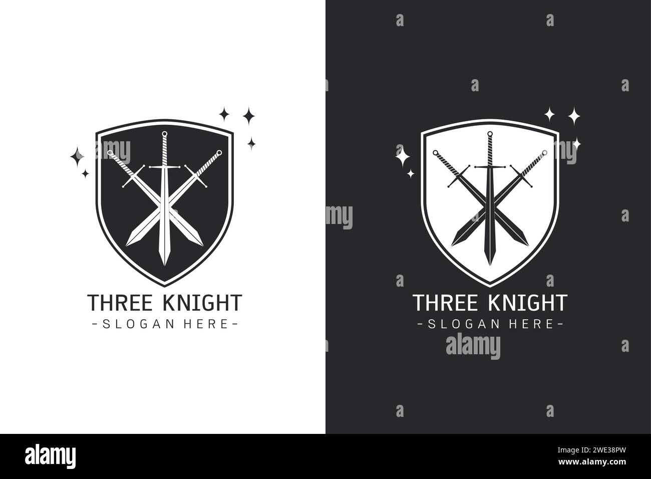 Stylized image of Three swords in shield logo template, Crossed Swords Silhouette tattoo, Three Musketeers concept Medieval Weapons on white backgroun Stock Vector