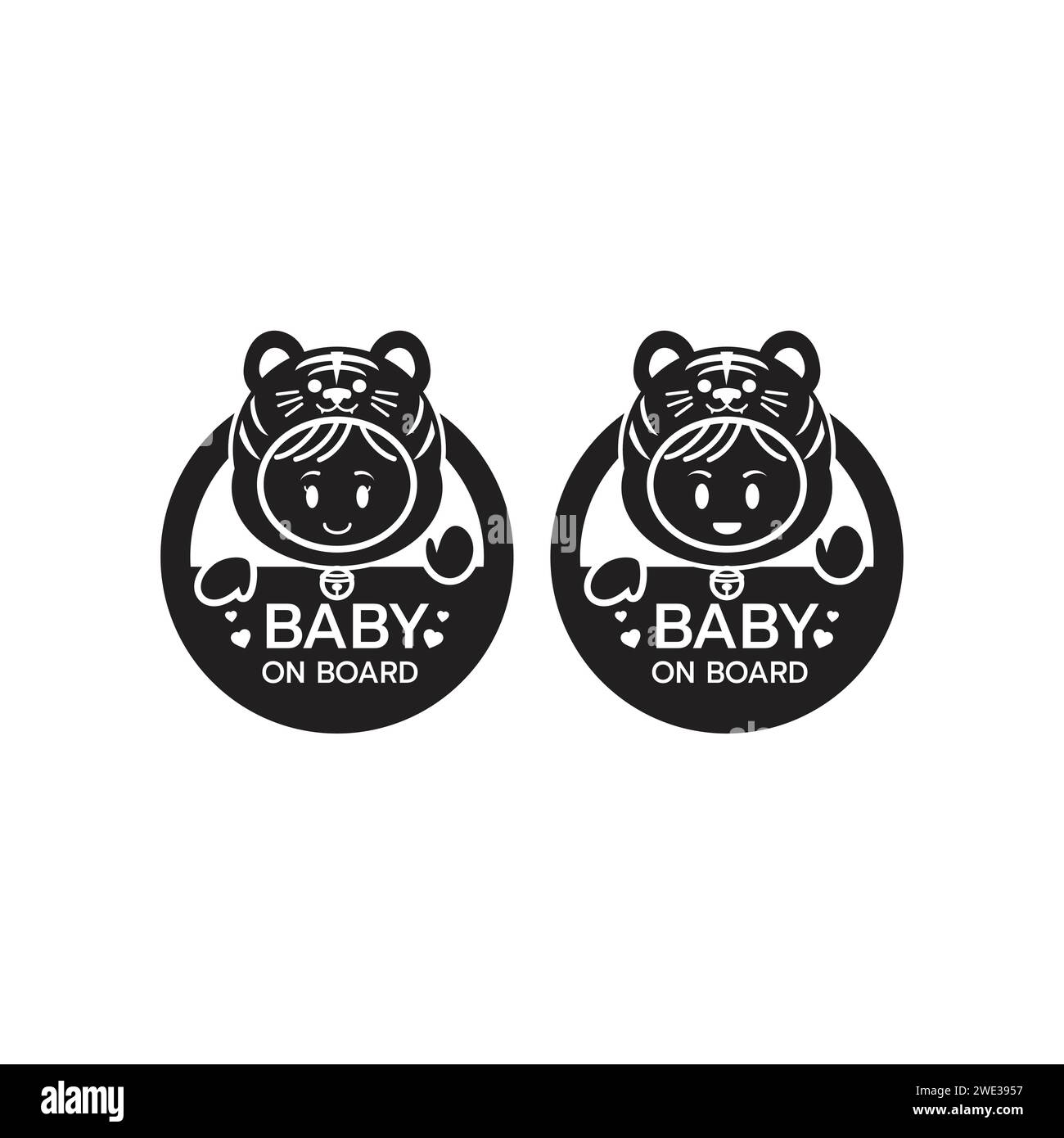 Baby on board sign logo icon isolated. Child safety sticker warning emblem. Cute Baby safety design illustration,Funny small smiling boy and girl wear Stock Vector