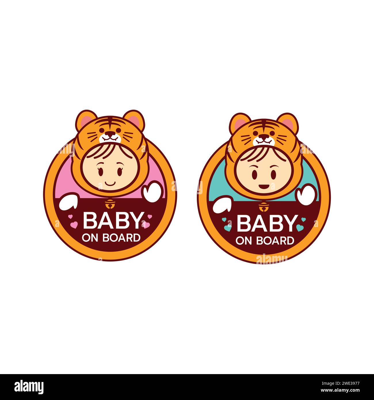 Baby on board sign logo icon isolated. Child safety sticker warning emblem. Cute Baby safety design illustration,Funny small smiling boy and girl wear Stock Vector