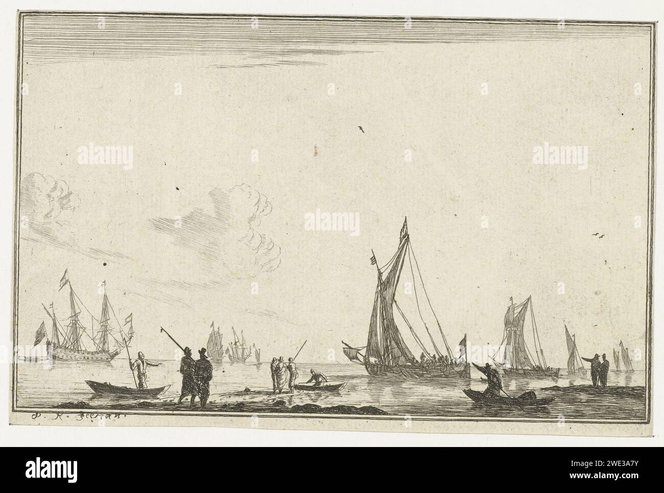 Inland water with various sailing ships, Reinier Nooms, 1654 - 1748 print Large inland water with a number of sailing ships, a merchant ship on the left. In the foreground a number of people standing on the bank and three small boats. Double edge all around show. Netherlands paper etching sailing-ship, sailing-boat. water course Stock Photo