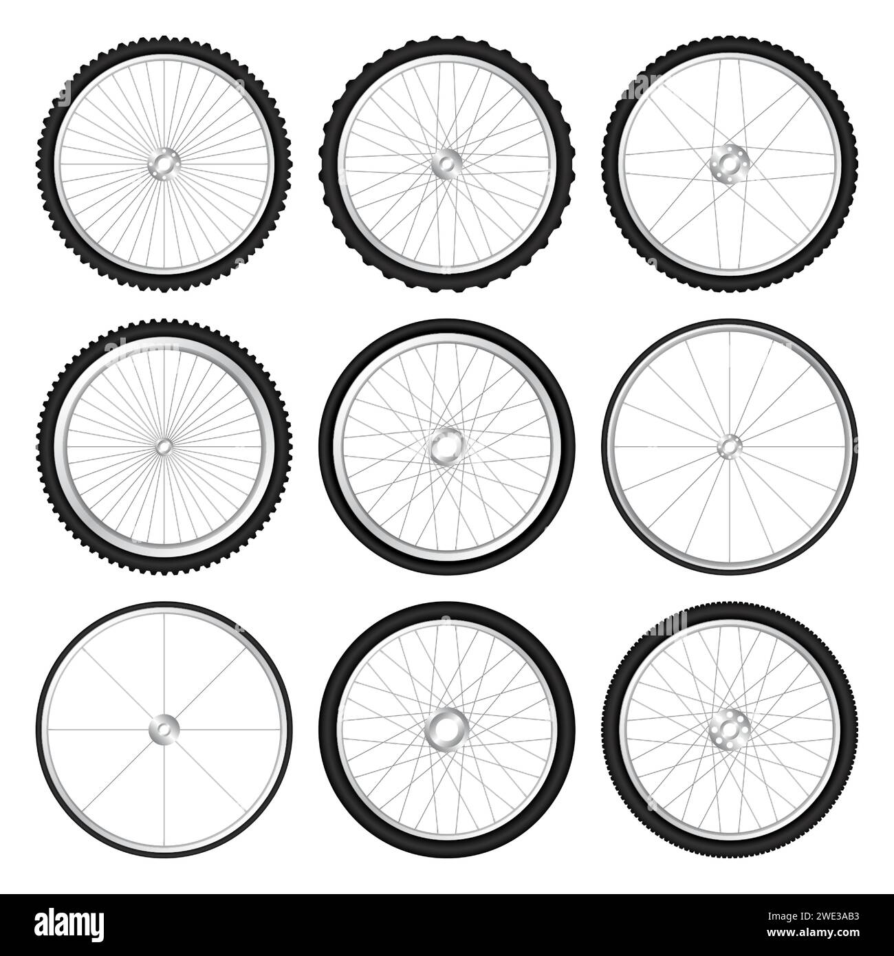 Realistic 3d bicycle wheels. Bike rubber tyres, shiny metal spokes and
