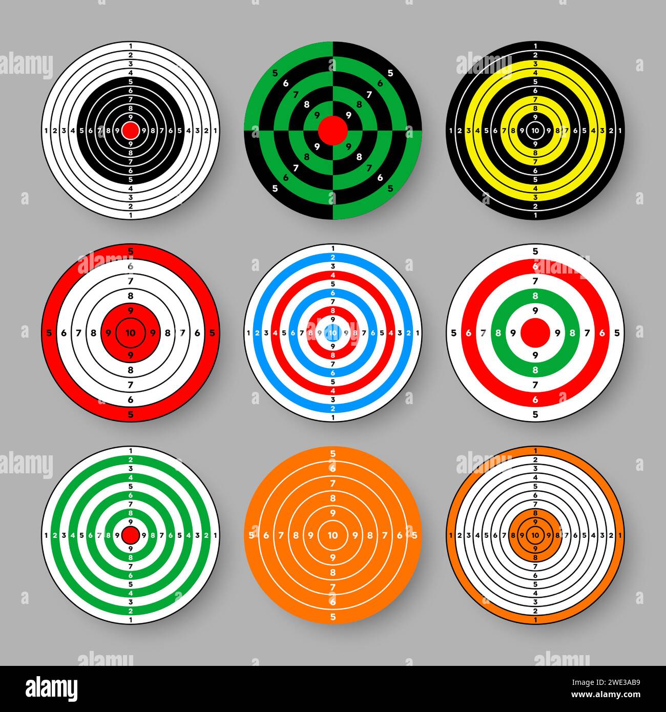 Shooting range paper targets. Round target with divisions, marks and numbers. Archery, gun shooting practise and training, sport competition and Stock Vector