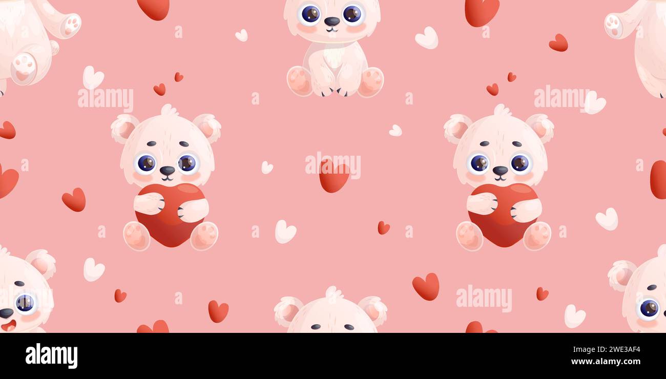 Romantic seamless pattern with white polar bear with hearts on pink background. Vector illustration valentine backdrop in cartoon style for design, wa Stock Vector