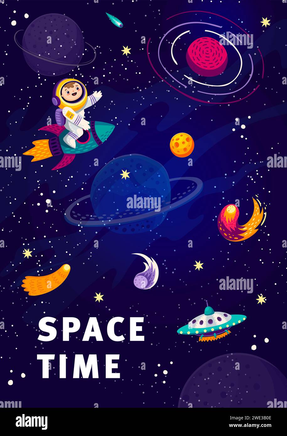Cartoon spaceman on rocket in starry galaxy. Galaxy travel, outerspace ...