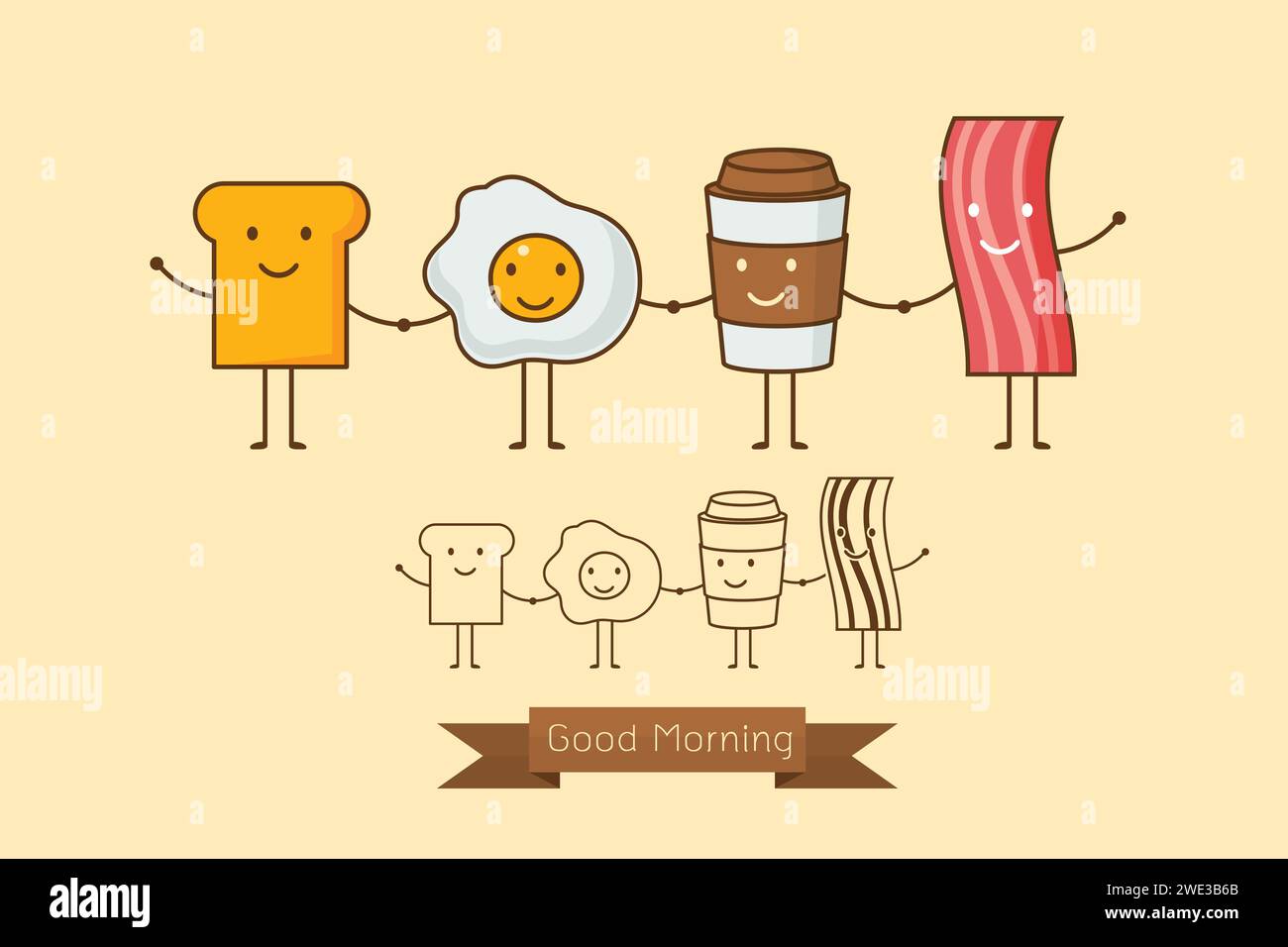 Best friends. Breakfast. Good morning. set of Cute picture cartoon icon ...