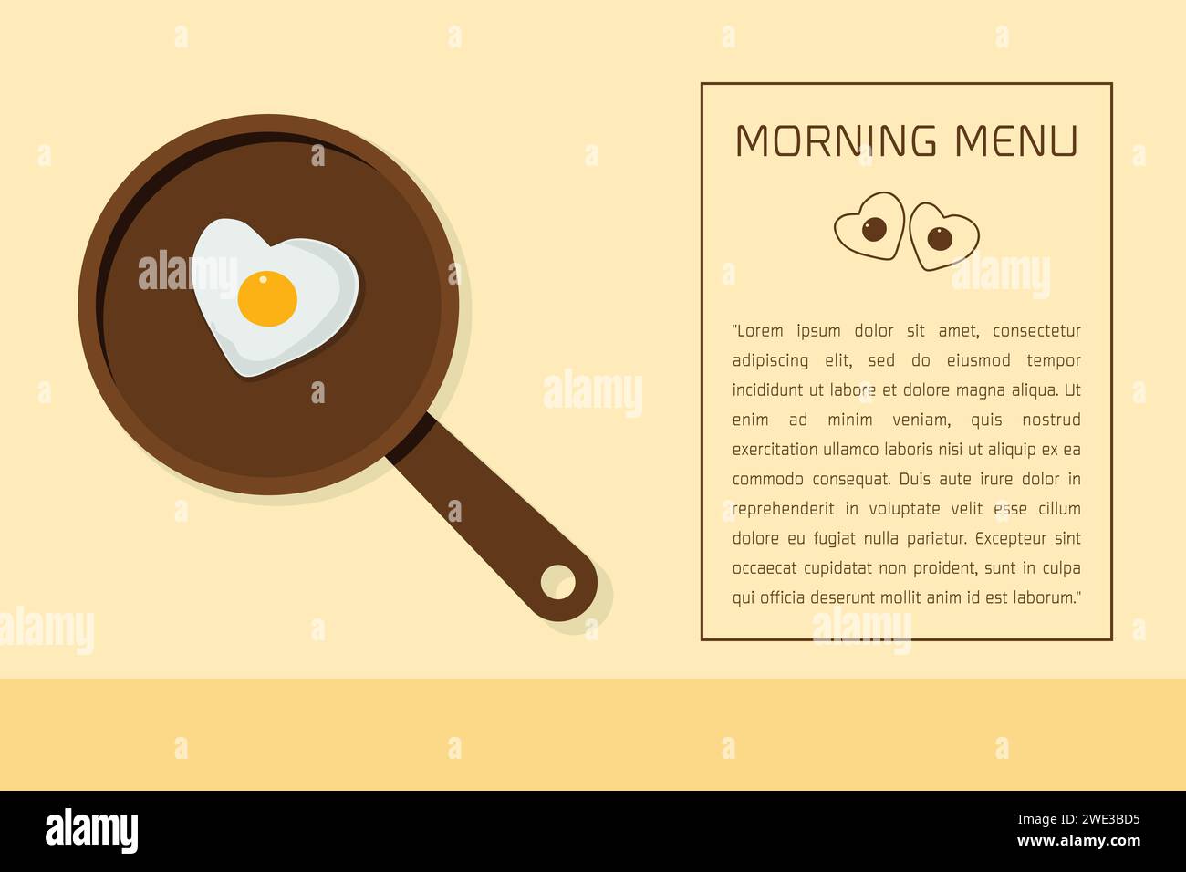 Minimal flat design morning menu with egg in heart shape on the pan  on yellow background Vector illustration. Stock Vector