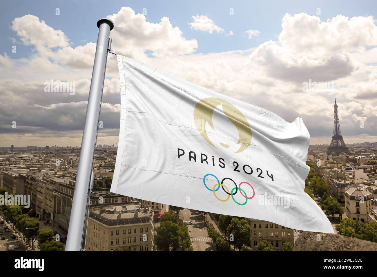 Top view of flag of french olympics games 2024 with grunge texture. no flagpole. Plane design, layout. official logo of SOG 2024 in Paris Stock Photo