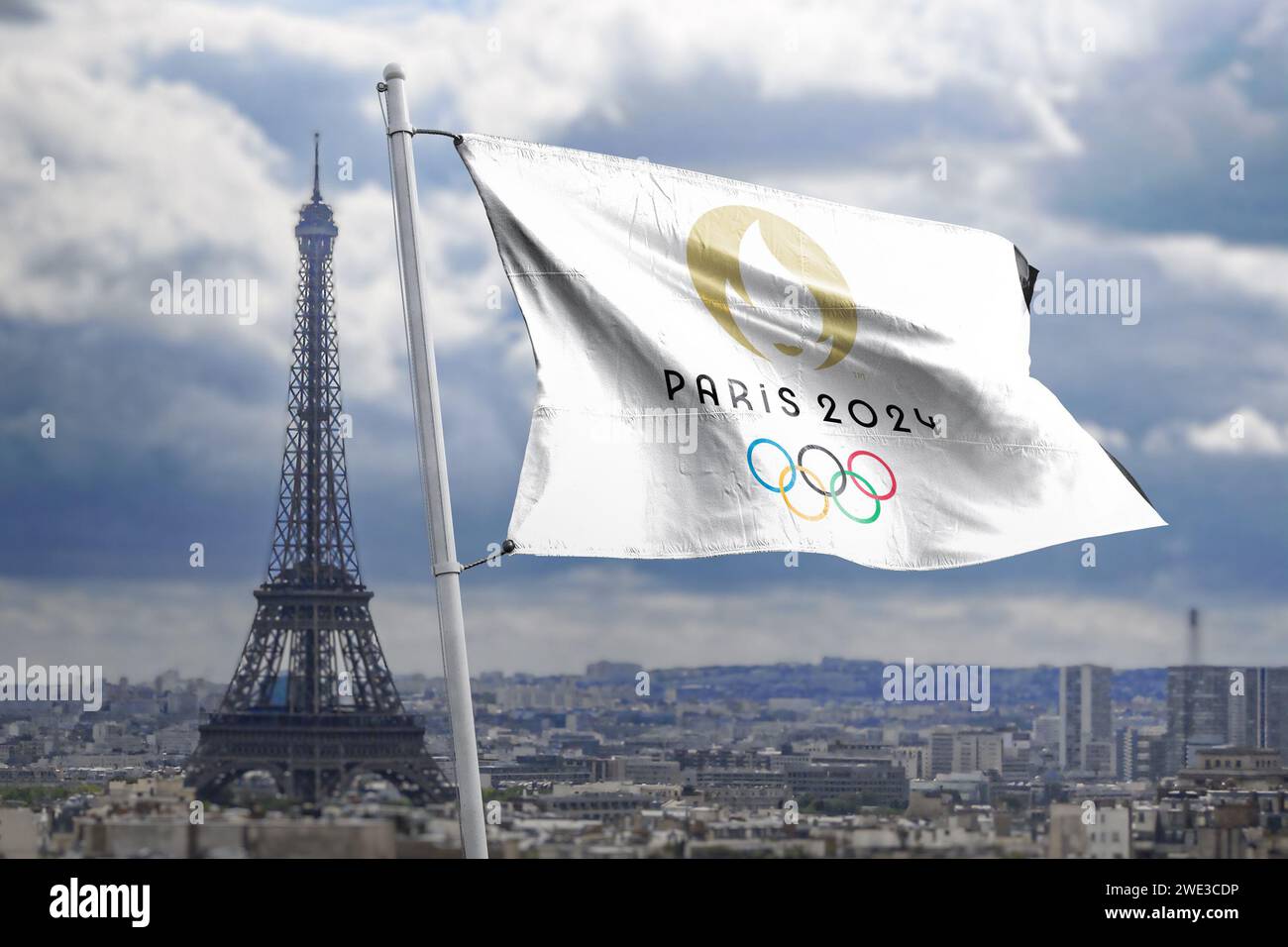 Top view of flag of french olympics games 2024 with grunge texture. no flagpole. Plane design, layout. official logo of SOG 2024 in Paris Stock Photo