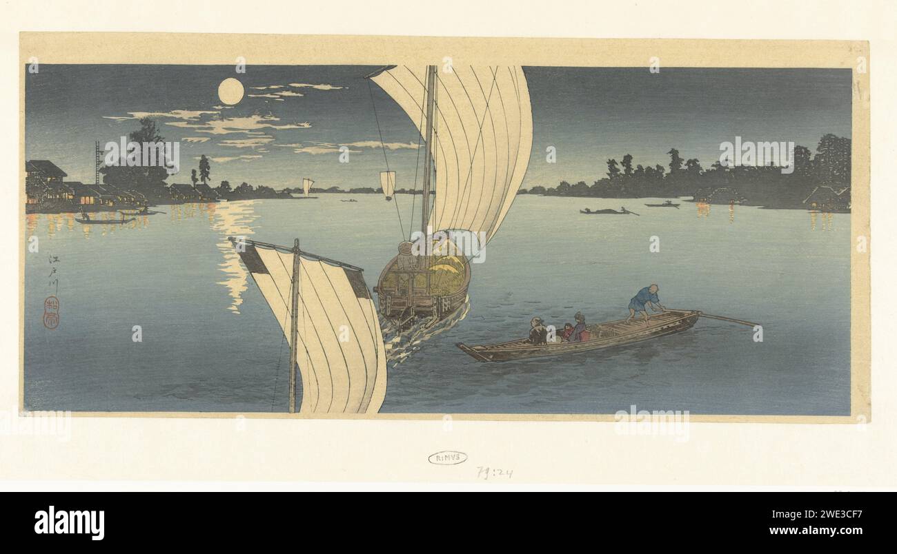 Evening scene on the Edo River, Takahashi Hiroaki, 1910 - 1923 print View of the Edo River (Edogawa) at the full moon; In the foreground two sailing ships and a rowing boat; Houses illuminated on the banks. print maker: Japanpublisher: Tokyo paper color woodcut river. sailing-ship, sailing-boat. full moon Stock Photo