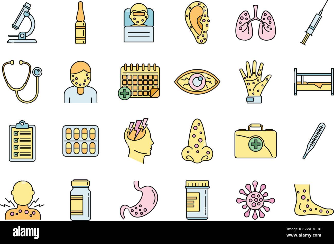 Human measles icons set. Outline set of human measles vector icons thin ...
