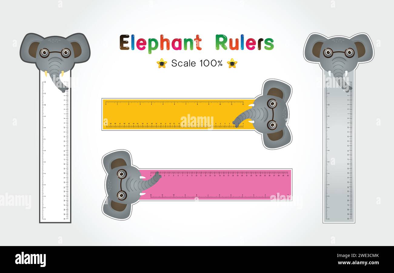 Elephant of Rulers Inch and metric rulers. Scale for a ruler in inches and centimeters. Centimeters and inches measuring scale cm metrics indicator. I Stock Vector