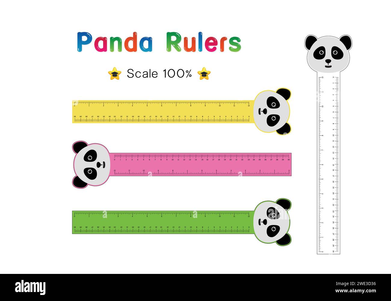 Panda Head of Rulers Inch and metric rulers. Scale for a ruler in inches and centimeters. Centimeters and inches measuring scale cm metrics indicator. Stock Vector