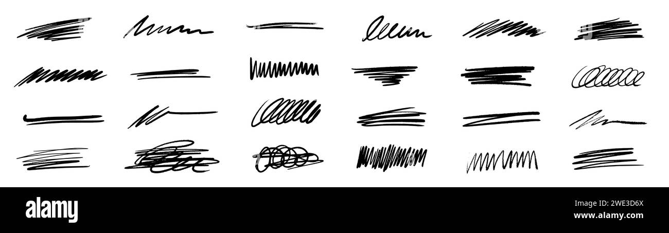 Line brush marker, pen, pencil stroke vector. Line brush marker scribble sketch underline. Hand drawn doodle pencil scratch mark. Scrawl texture underline effect. Vector illustration. Stock Vector