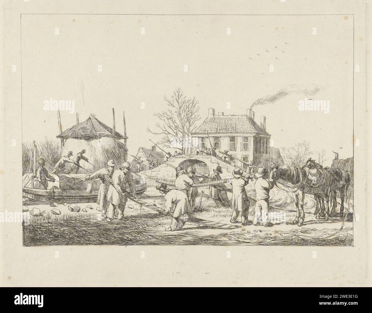 Farmers confirm a road, siege of Naarden 1813-1814, Pieter Gerardus van Os, 1813 - 1814 print  Netherlands paper etching Stock Photo