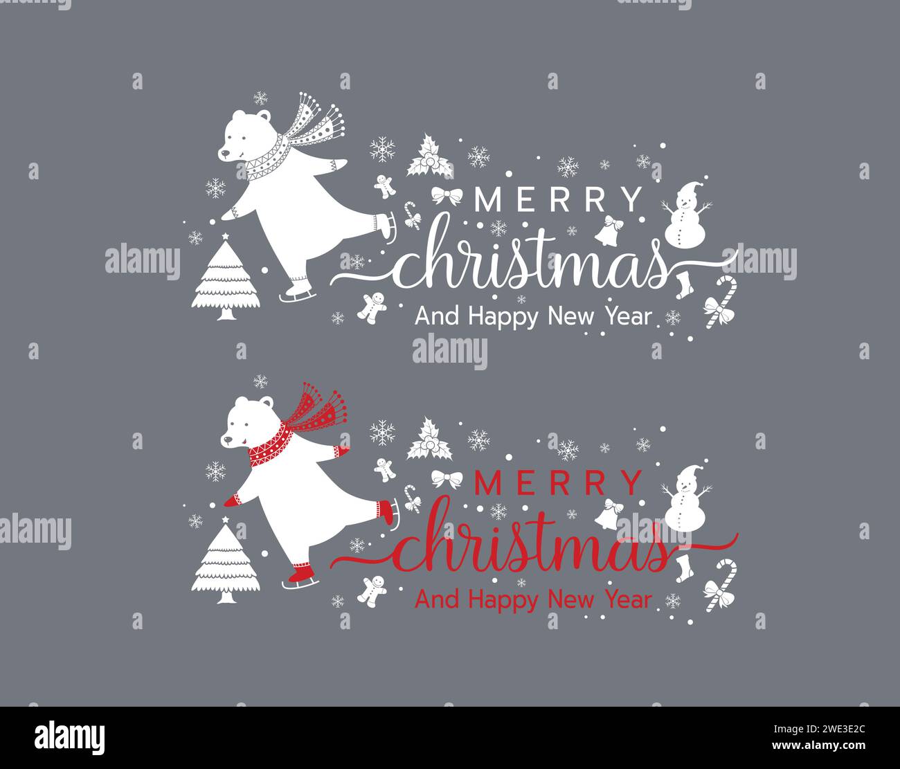 Cute Polar bear playing ice skates with Merry Christmas and New Year on holidays background with winter landscape with snowflakes, light, stars, bell Stock Vector