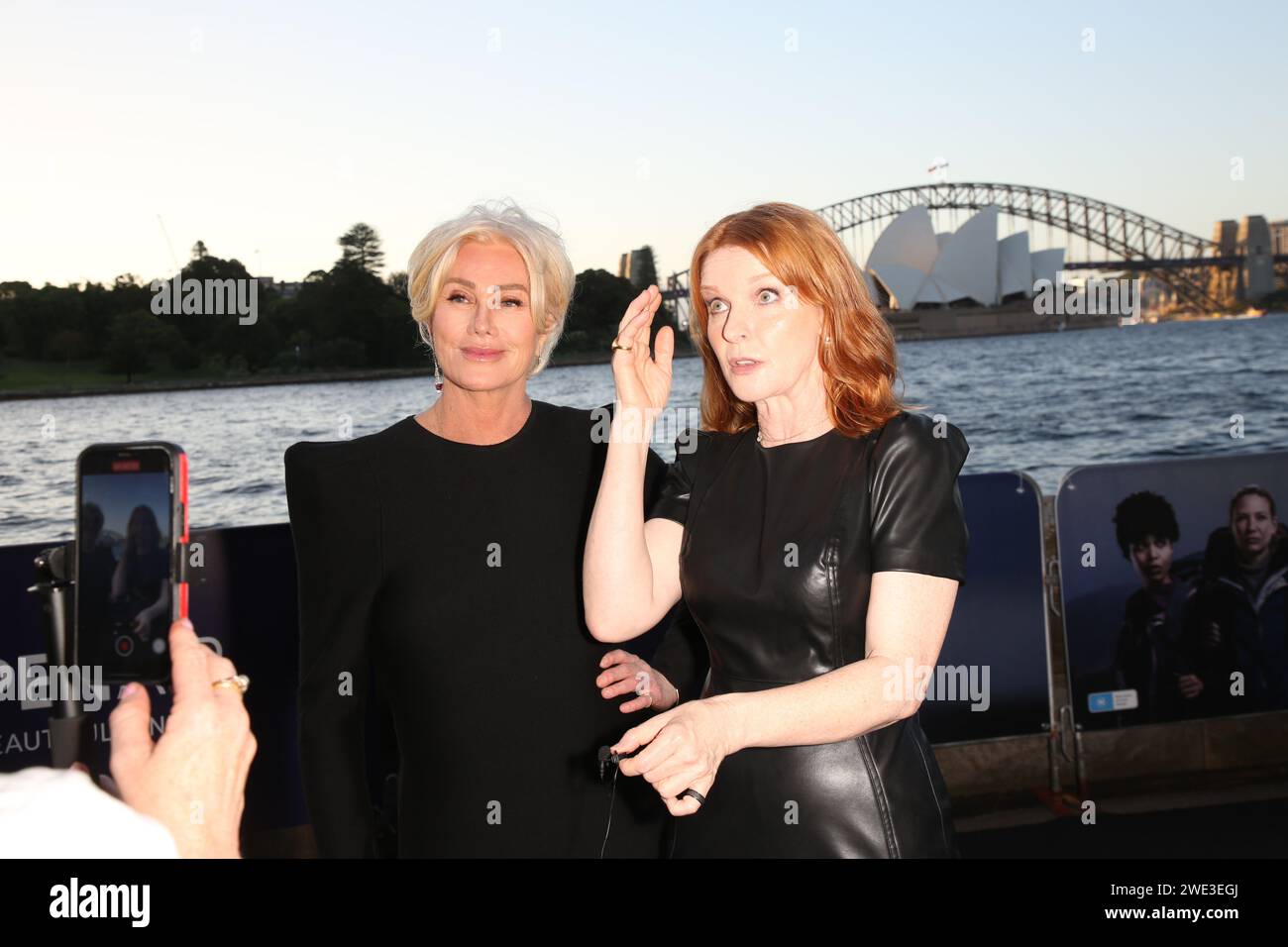 Sydney, Australia. 23rd January 2024. Deborra-Lee Furness and Jacqueline McKenzie arrive on the red carpet for the Sydney Premiere of Force of Nature: The Dry 2 at Westpac OpenAir Sydney, Mrs Macquaries Point Royal Botanic Garden, Sydney. Credit: Richard Milnes/Alamy Live News Stock Photo