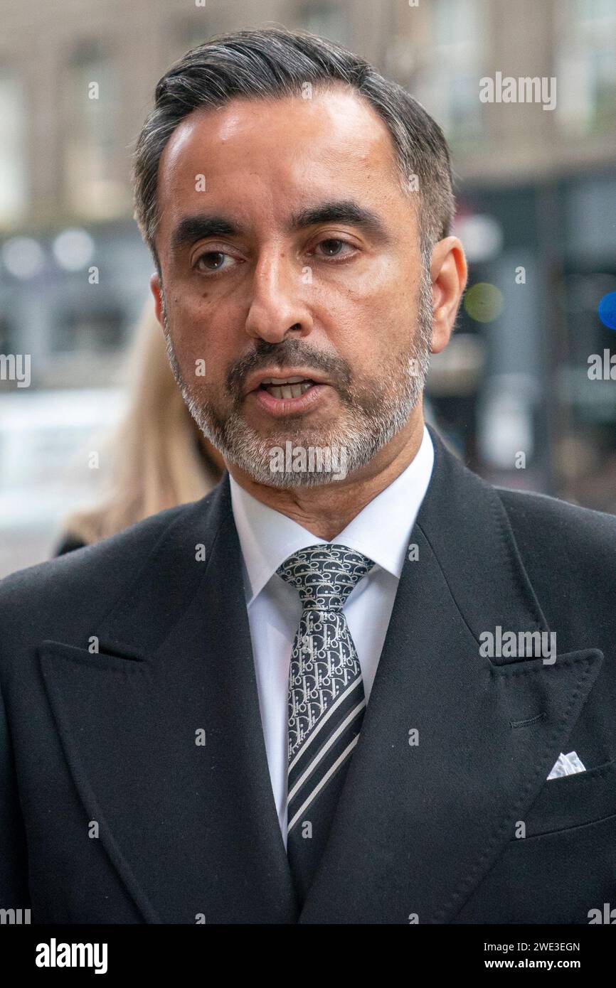 Solicitor Aamer Anwar outside the UK Covid-19 Inquiry hearing at the Edinburgh International Conference Centre (EICC). The hearing is examining core UK decision-making and political governance in Scotland. Picture date: Tuesday January 23, 2024. Stock Photo