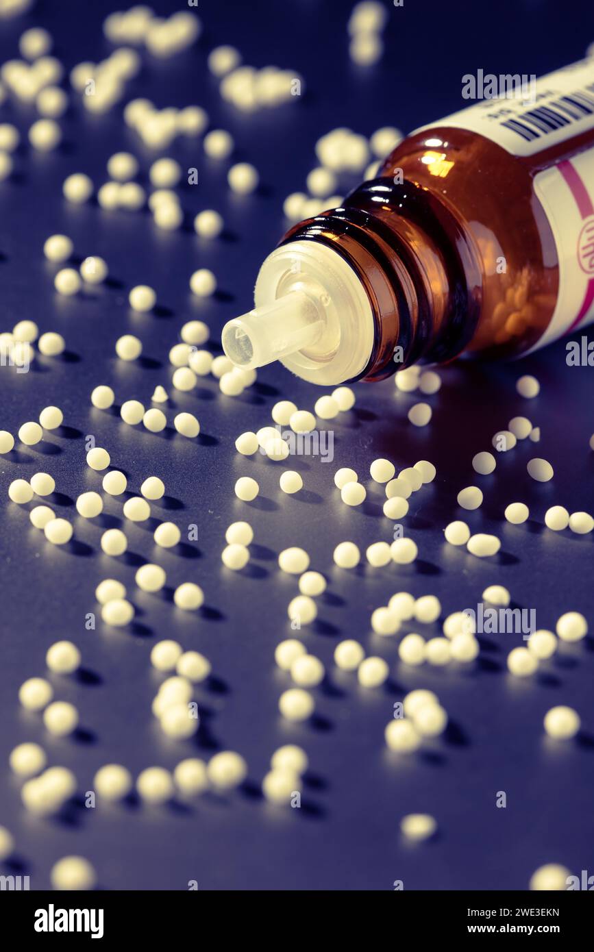 Homeopathic globules on a plain surface, natural medicine, alternative medicine, studio photo, 23.01.2024 Stock Photo