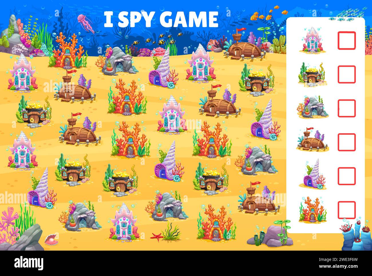 I spy game, underwater cartoon sea bottom and house buildings, vector