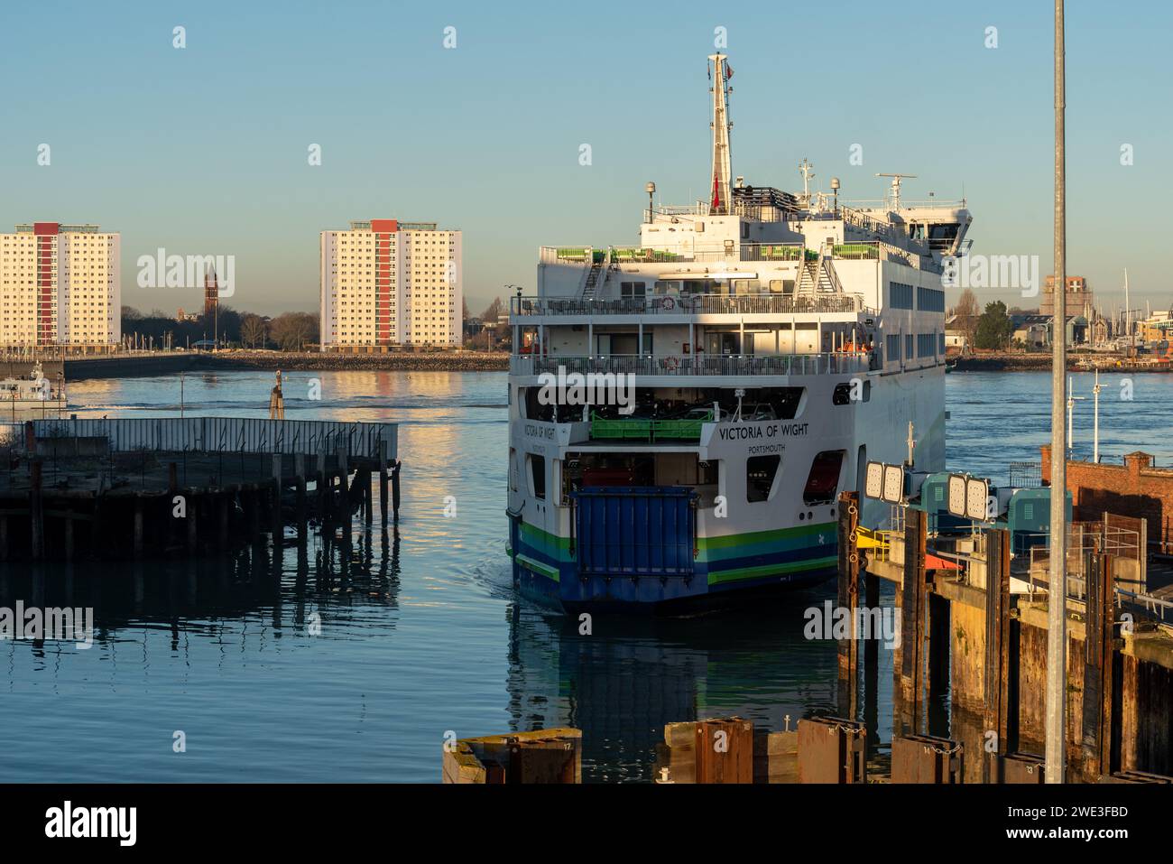 Wightlink Hybrid vehicle ferry, Victoria of Wight docking at Portsmouth harbour. January 2024 Stock Photo