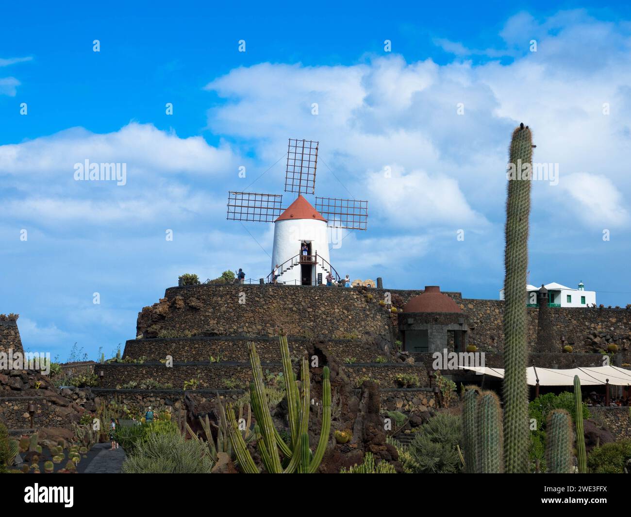 View of windmill at Jardin de Cactus, famous botanical cactus garden  near Guatiza in Lanzarote island. Popular sightseeing in Canary Islands. Stock Photo