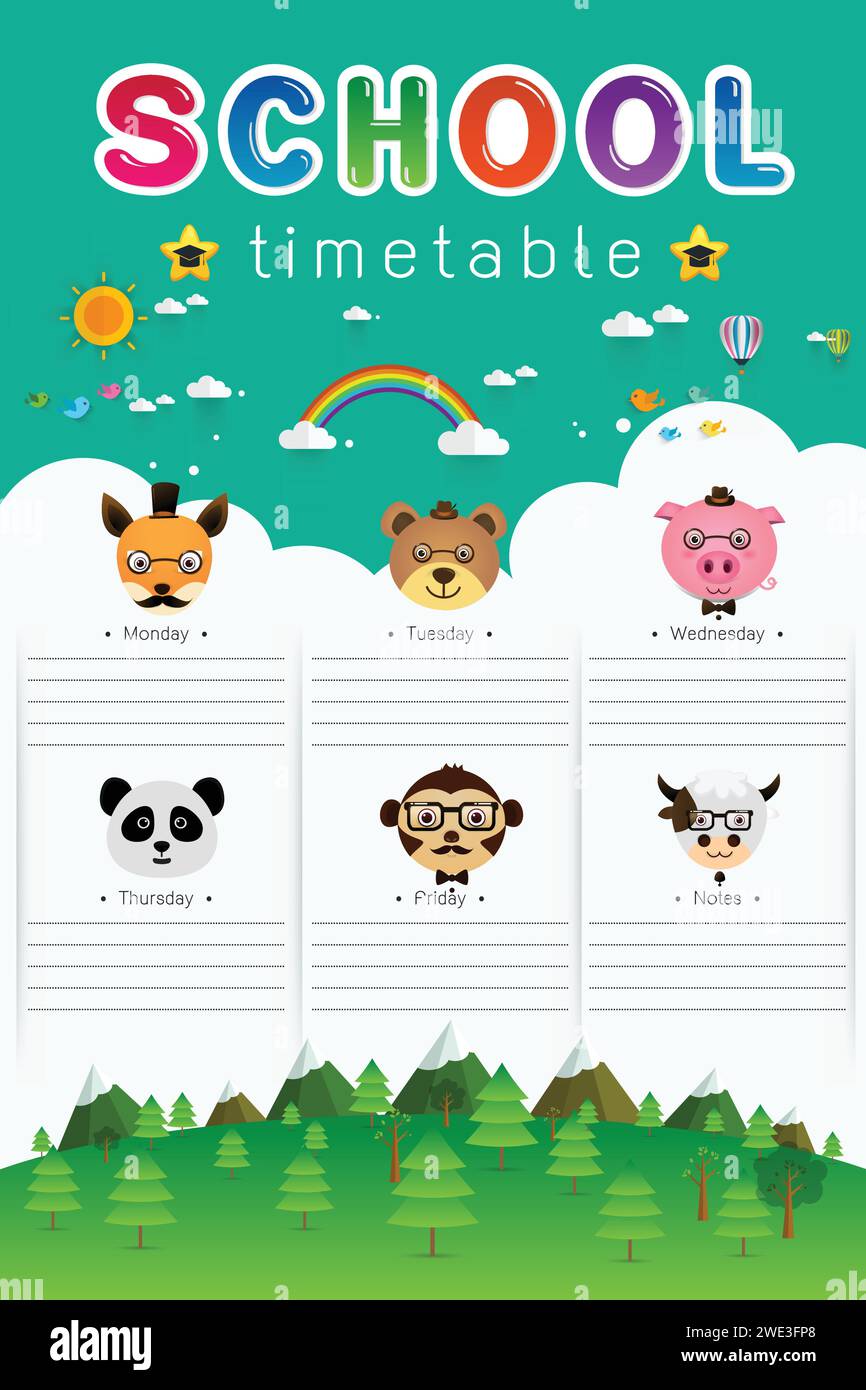 background frame design of School Timetable with animal head, Schedule