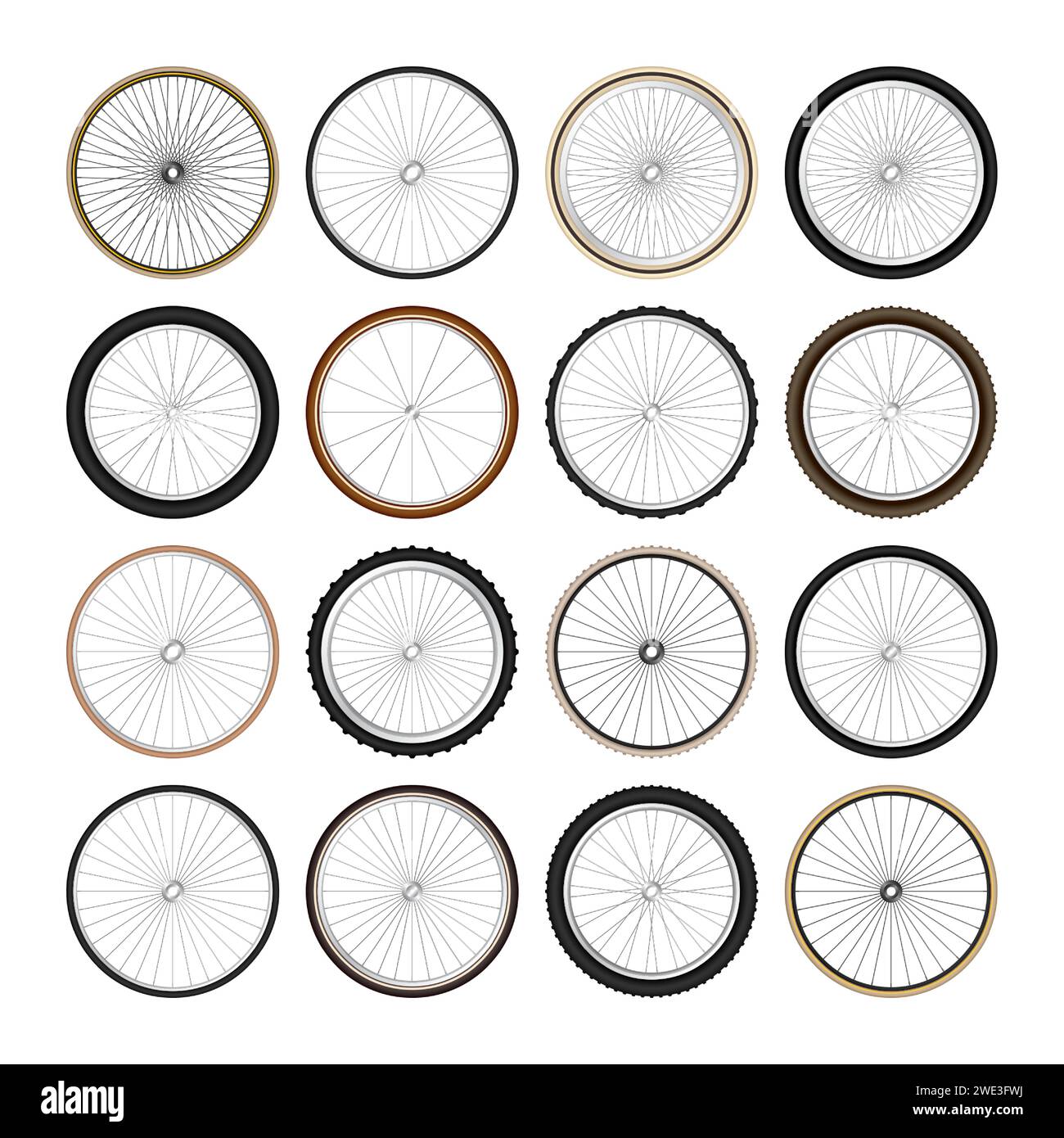 Realistic 3d retro bicycle wheels. Vintage bike rubber tyres, shiny