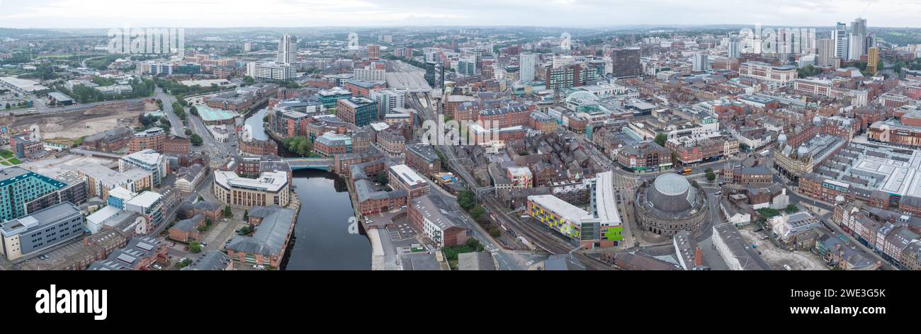 Panoramic aerial photograph of Leeds, Yorkshire, UK including the Corn Exchange, Kirkgate Market, Leeds station, River Aire and wider city centre Stock Photo