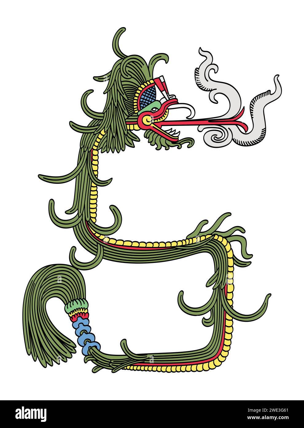 Feathered Serpent, a supernatural entity in Mesoamerican religions. Quetzalcoatl of Aztecs, Kukulkan of Yucatec Maya, and Tohil of Kiche Maya. Stock Photo
