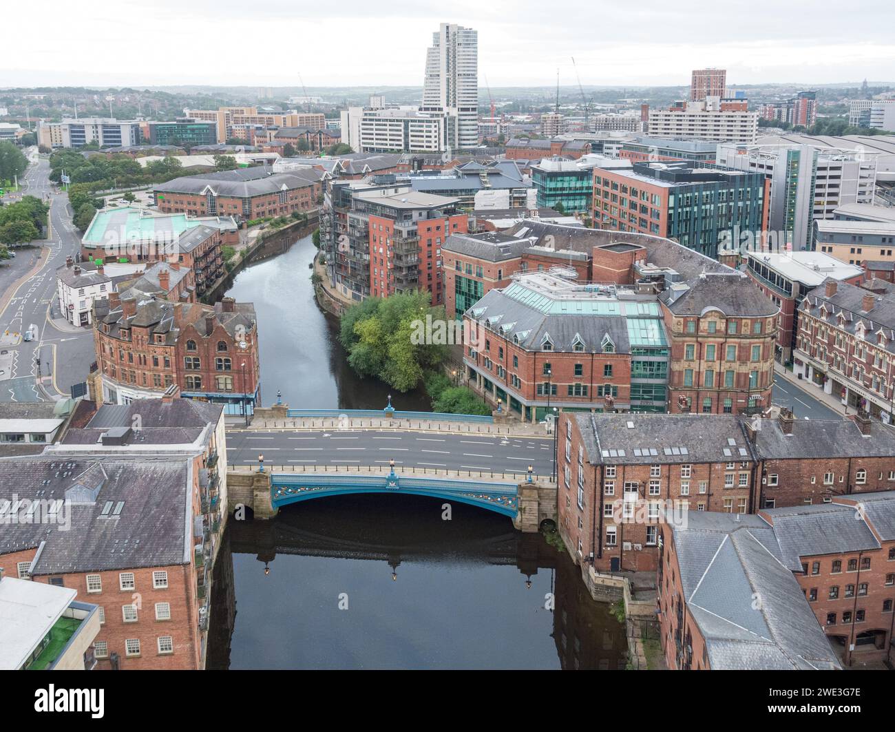Aerial photograph over the River Aire in Leeds, UK looking at Leeds Bridge and The Calls in the foreground with Bridgewater Place in the distance Stock Photo