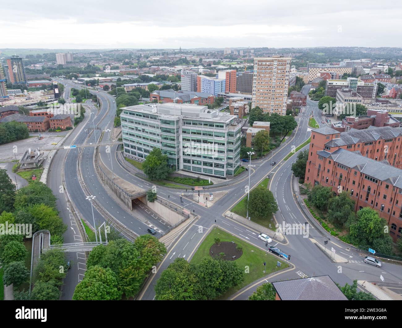 Aerial photograph from Leeds city centre, UK looking out to 1 Park Lane, Inner Ring Road, Marlborough Towers and Burley Road Stock Photo